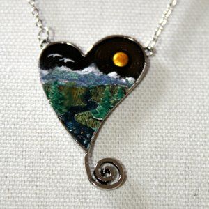 Hand Enameled Heart Shaped Landscape Necklace